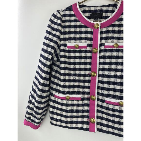 J. Crew Grosgrain Trim Jacket in Gingham Tweed AJ953 Pink Trim Women's Size 2 - Picture 4 of 16
